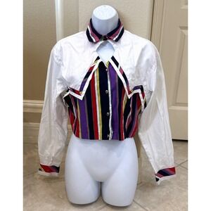 VTG Banjo White Stripe Western Top Shirt Colorful Rodeo Sz S Cropped 90s USA**